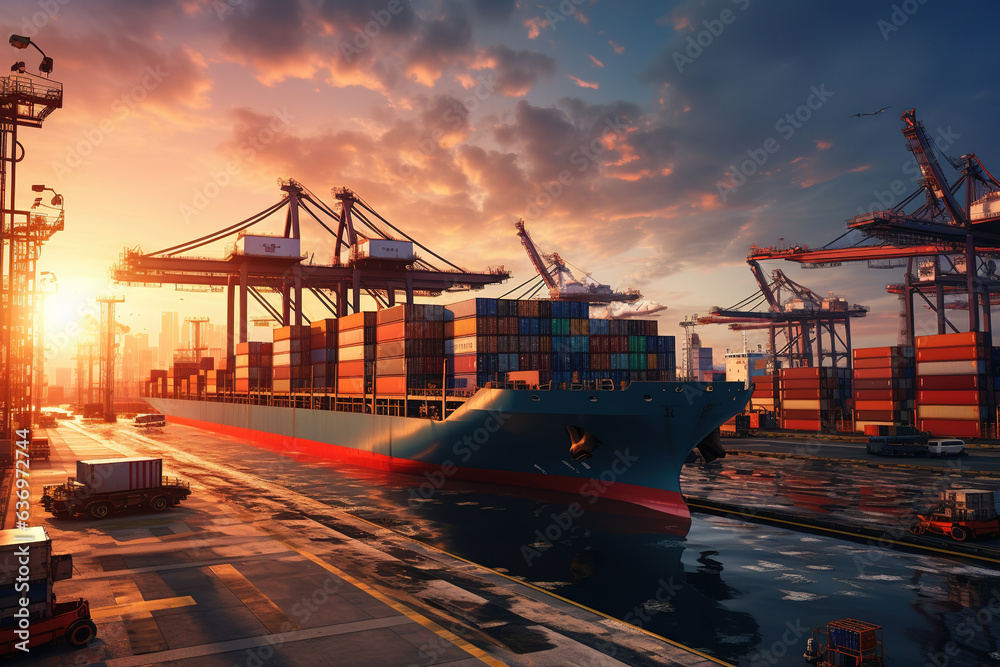 Logistics and transportation of cargo container ship with crane bridge working in shipyard at sunrise, import logistics and shipping industry background