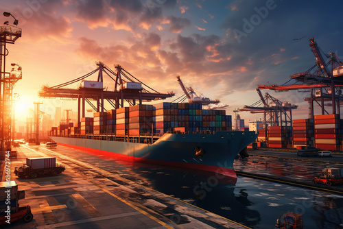 Logistics and transportation of cargo container ship with crane bridge working in shipyard at sunrise, import logistics and shipping industry background