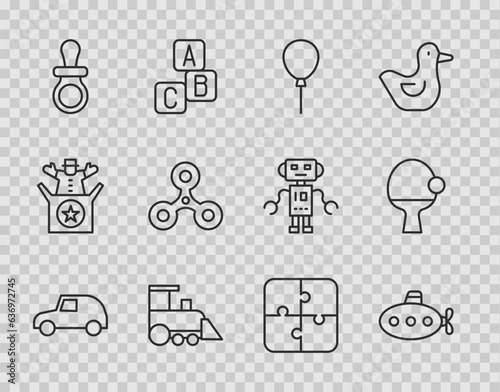 Set line Toy car, Submarine toy, Balloons with ribbon, train, Baby dummy pacifier, Fidget spinner, Puzzle pieces and Racket and ball icon. Vector