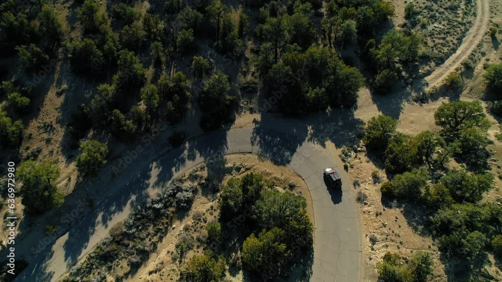 Aerial Top View Of Vehicle Moving On Country Road Amidst Trees During Sunny Day - Bishop, California Aerial Top View Of Vehicle Moving On Country Road Amidst Trees During Sunny Day - Bishop, California