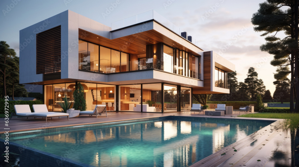Modern house with terrace and a swimming pool.
