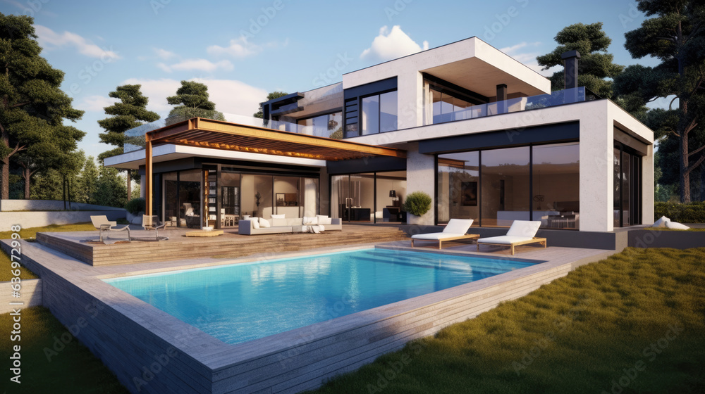 Modern house with terrace and a swimming pool.