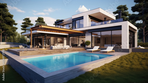 Modern house with terrace and a swimming pool. © Sasint