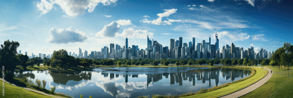 Fototapeta premium Public park and high-rise buildings cityscape in metropolis city center . Green environment city and downtown business district in panoramic view