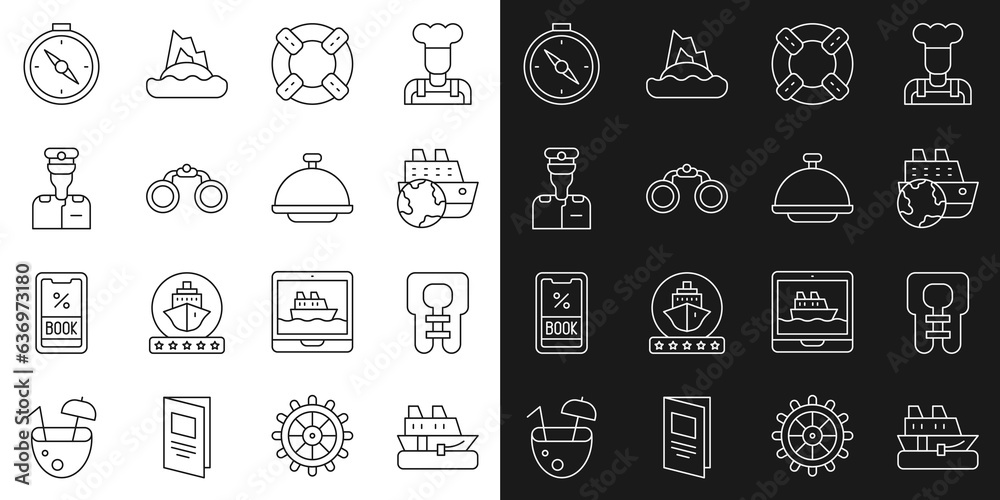 Set line Cruise ship, Life jacket, Lifebuoy, Binoculars, Captain of, Compass and Covered with tray icon. Vector Set line Cruise ship, Life jacket, Lifebuoy, Binoculars, Captain of, Compass and Covered with tray icon. Vector