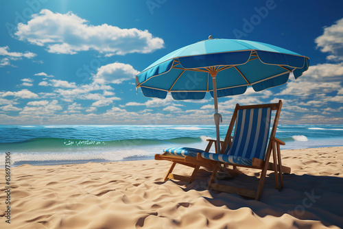 Landscape summer vacation holiday travel ocean sea beach background banner panorama - Wooden sun loungers  lounge chair and parasol on the sand  blue sky and sunshine