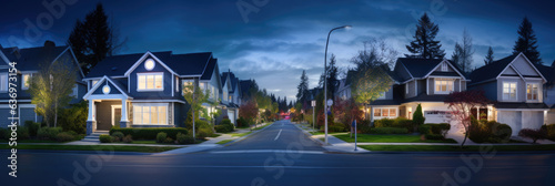Murais de parede Urban or suburban neighborhood at night, houses with lights, late evening or midnight