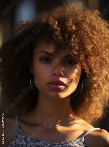 Portrait shot with sunlight, beautiful woman neutral emotion