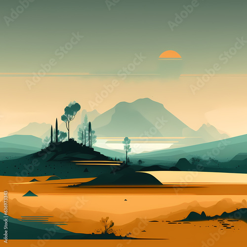 illustration of beautiful summer fields landscape with a dawn. Nature landscape. illustration background. AI generated