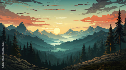Landscape forest mountains nature adventure travel background panorama - Illustration of dark green silhouette of valley view of forest fir trees and mountains peak. photo
