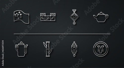 Set line China flag, Chinese tea ceremony, paper lantern, Bamboo, Great wall of, Yuan currency and icon. Vector