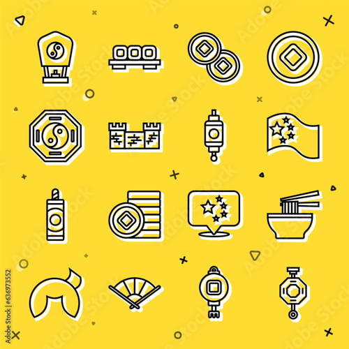 Set line Chinese paper lantern, Asian noodles bowl, China flag, Yuan currency, Great wall of, Yin Yang, and icon. Vector