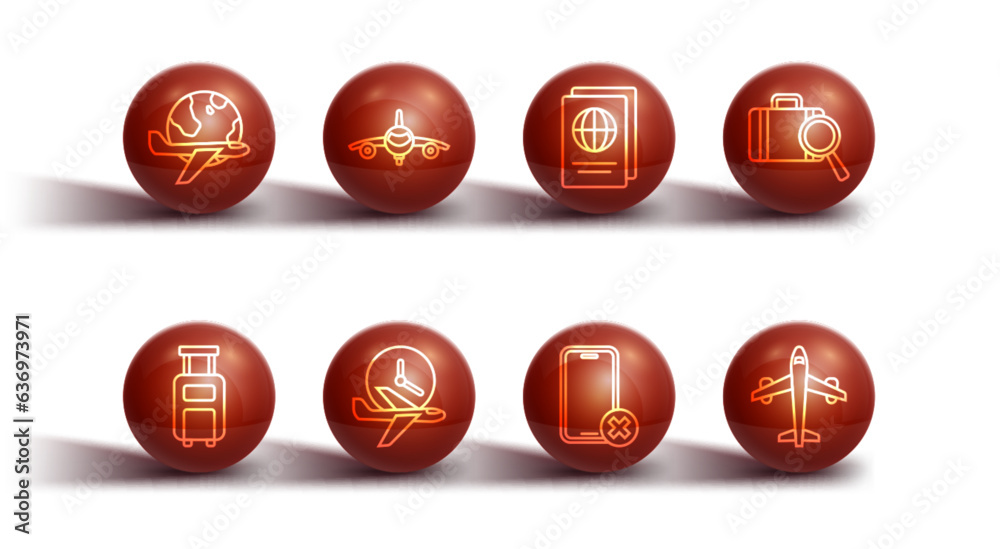 Set line Globe with flying plane, Suitcase, Lost baggage, No cell phone, Flight time, Plane, and Passport icon. Vector Set line Globe with flying plane, Suitcase, Lost baggage, No cell phone, Flight time, Plane, and Passport icon. Vector