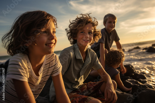 Little boy and his siblings enjoy with mother a hot summer afternoon at beach. Generative Ai