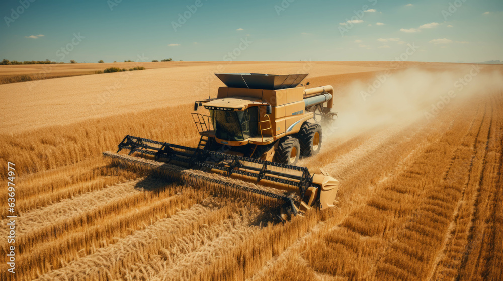Fototapeta premium a combine harvester mows a wheat field.