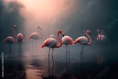 A group of flamingos are standing in the water. Generative AI