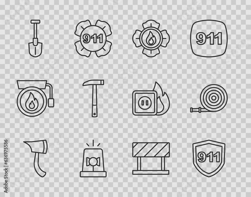 Set line Firefighter axe, Emergency call 911, Flasher siren, shovel, Road barrier and hose reel icon. Vector