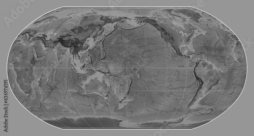 World map. Grayscale. Robinson projection. Meridian: 180