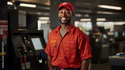 smiling gas station employee. AI Generated.