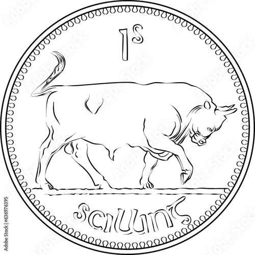 Irish money Pre-decimal Shilling coin with bull on reverse. Black and white image
