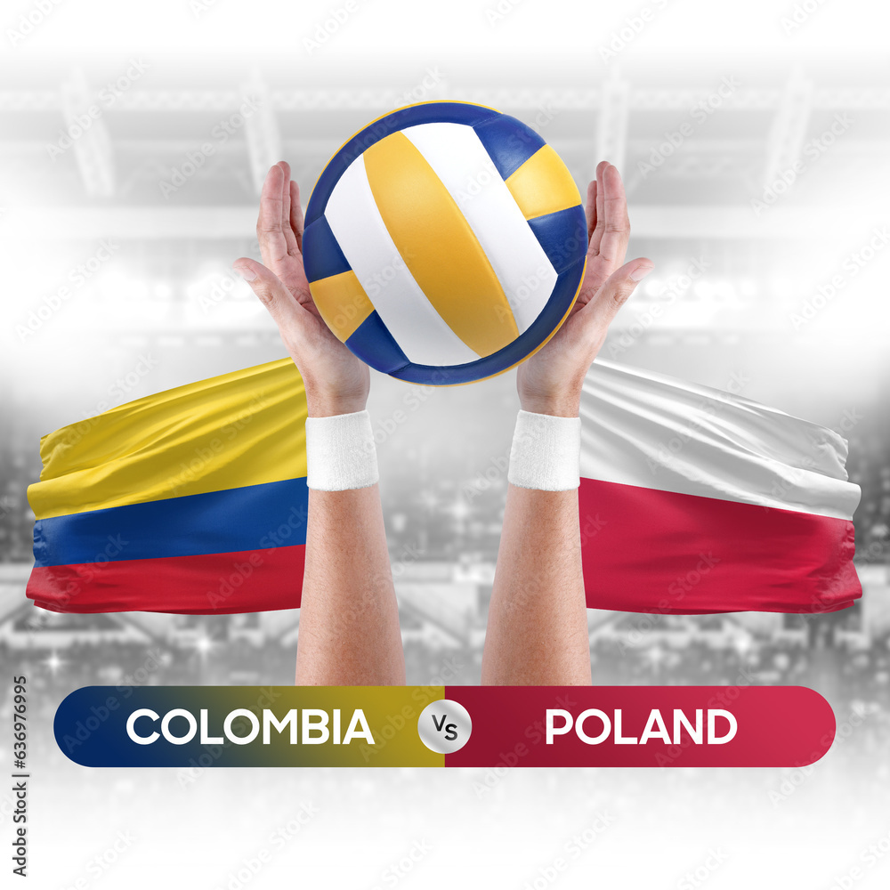 Colombia vs Poland national teams volleyball volley ball match competition concept.