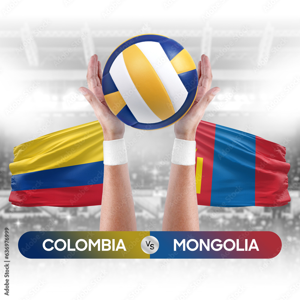 Colombia vs Mongolia national teams volleyball volley ball match competition concept.