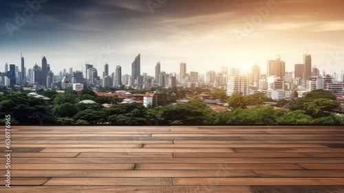 Empty wooden table top with blur background of downtown business district or city park skyline. Template mock up for display of product. Generative AI