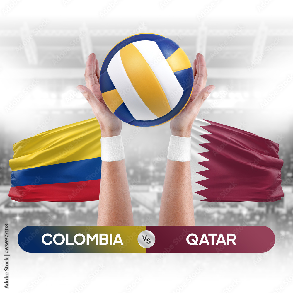 Colombia vs Qatar national teams volleyball volley ball match competition concept.