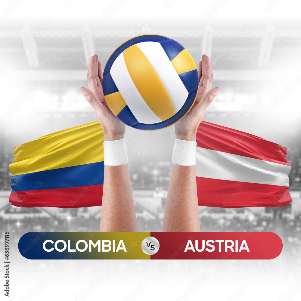 Colombia vs Austria national teams volleyball volley ball match competition concept.