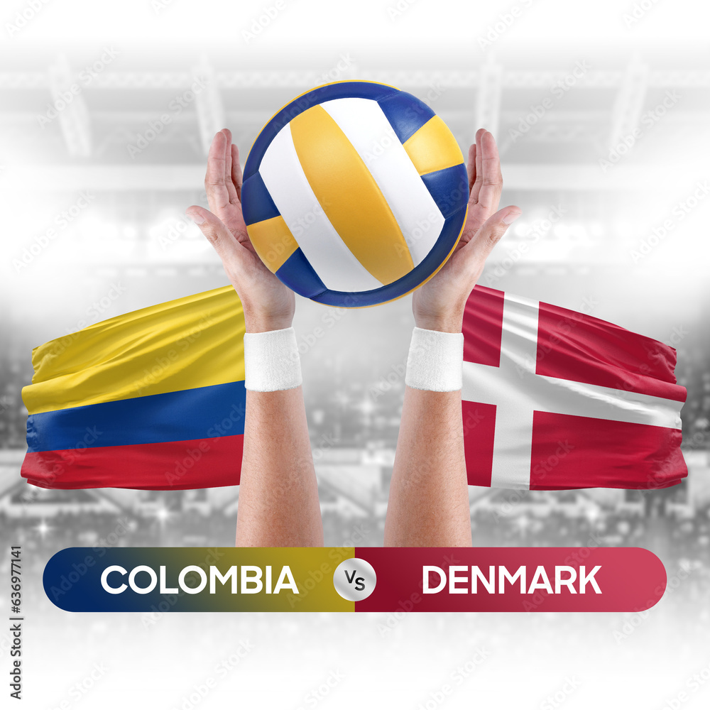 Colombia vs Denmark national teams volleyball volley ball match competition concept.