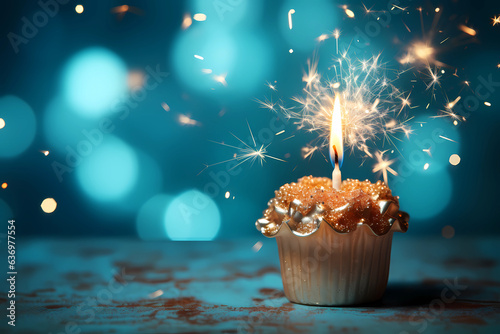 cupcake with golden icing and sparkler on a blue background. AI Generated.