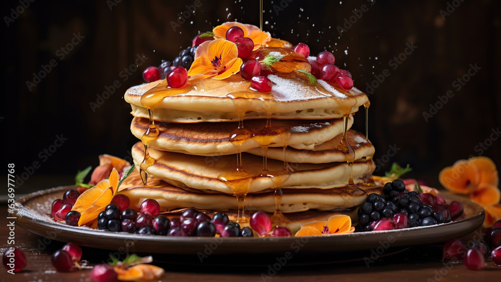 Delicious pancakes with berries and honey, jam - obrazy, fototapety, plakaty 