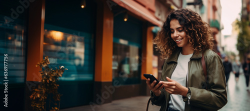 Colombian woman using a smartphone on a Colombian street. AI Generated.