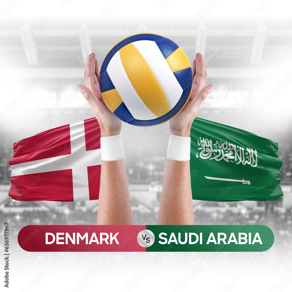 Denmark vs Saudi Arabia national teams volleyball volley ball match competition concept.
