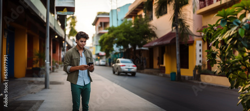 Colombian guy uses a smartphone on the street of Colombia. AI Generated. © Marina Varnava