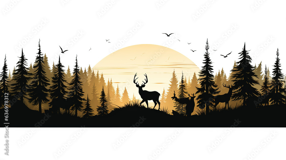 Black silhouette of deer family with baby and forest fir trees wildlife adventure hunting camping landscape panorama illustration isolated on white background Black silhouette of deer family with baby and forest fir trees wildlife adventure hunting camping landscape panorama illustration isolated on white background