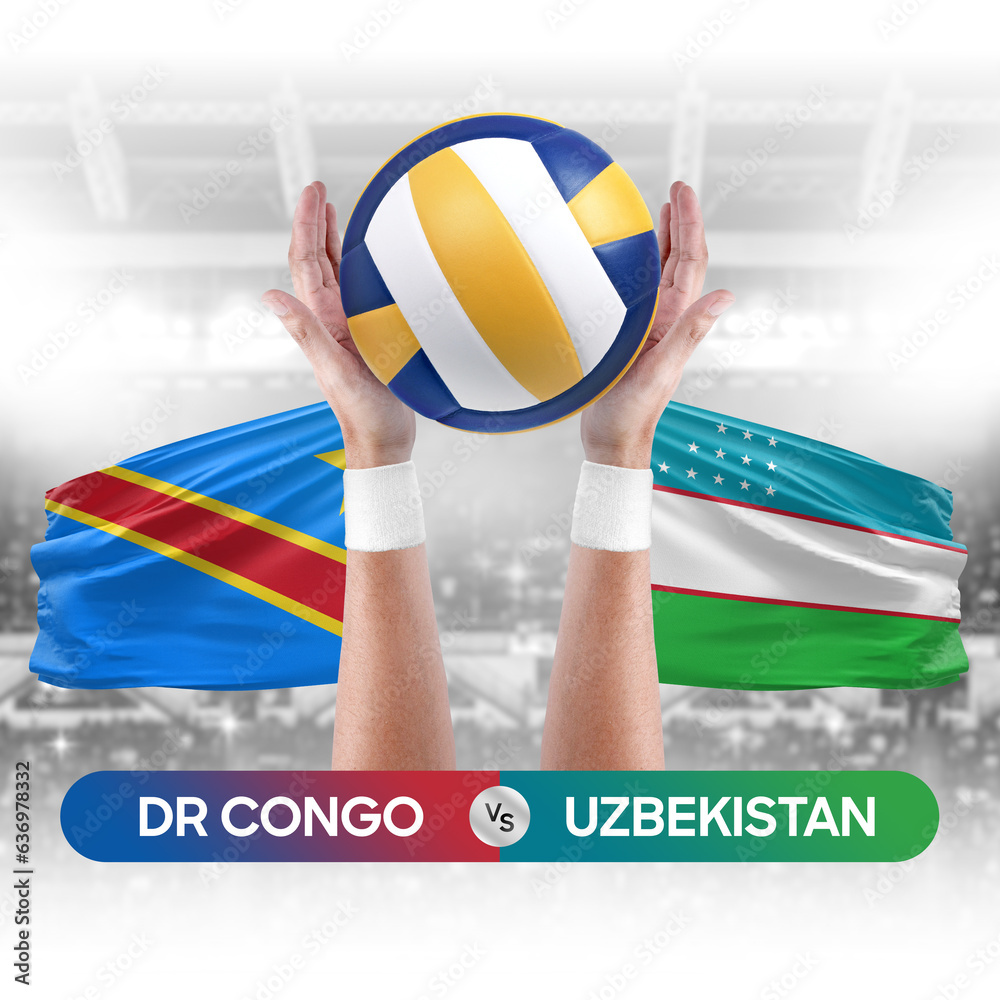 Dr Congo vs Uzbekistan national teams volleyball volley ball match competition concept.