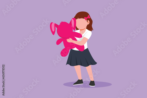 Cartoon flat style drawing portrait of beautiful little girl hugging teddy bear at home. Childhood scene of kids with her toy. Little girl playing with teddy bear. Graphic design vector illustration