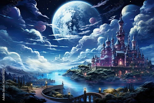 Beautiful fantasy castle at starry night. 