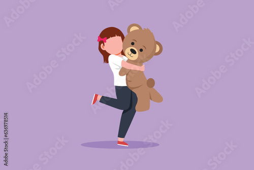 Cartoon flat style drawing portrait of expressive little girl hugging her plush bear friend. Little girl playing with teddy bear. Childhood memories with big toys. Graphic design vector illustration