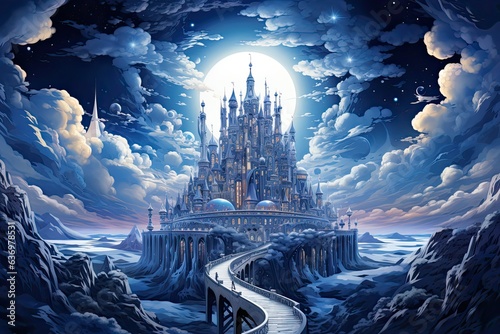 Beautiful fantasy castle at starry night. 