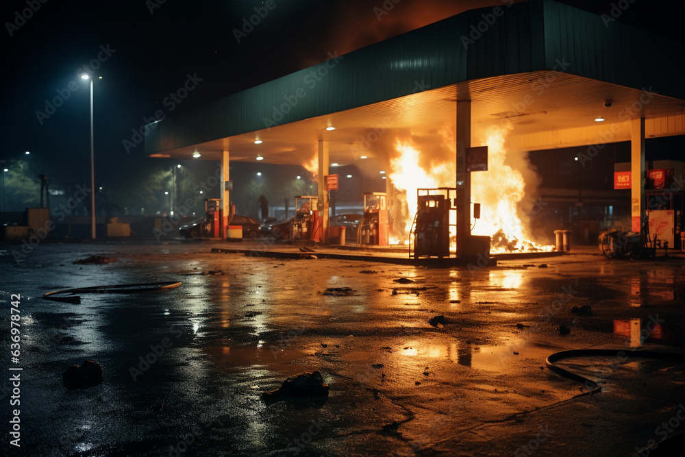 The gas station is on fire at night. AI Generated.