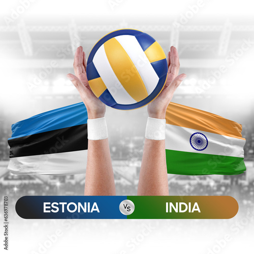 Estonia vs India national teams volleyball volley ball match competition concept.