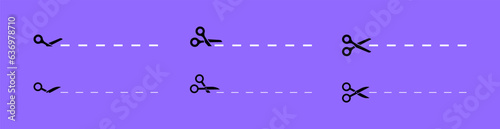 Set of scissors with cut lines. Black scissors cutting. Vector icons.