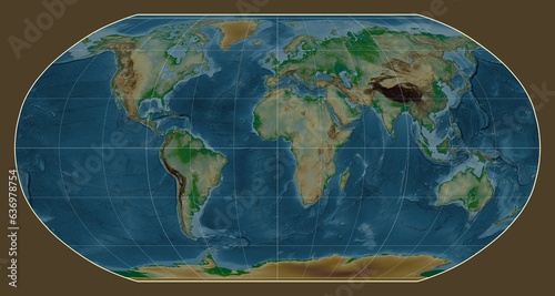 World map. Physical. Robinson projection. Meridian: 0