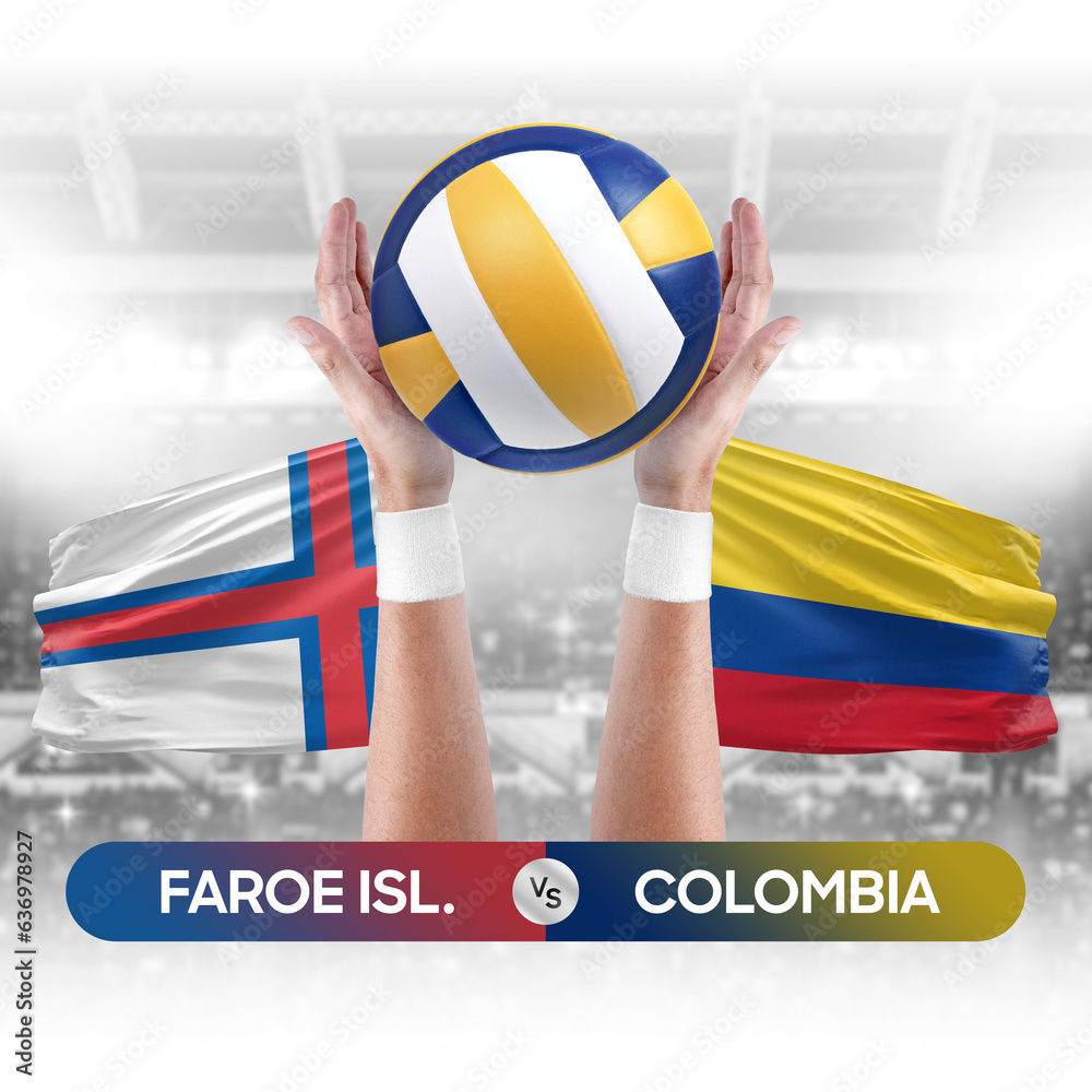 Faroe Islands vs Colombia national teams volleyball volley ball match competition concept.