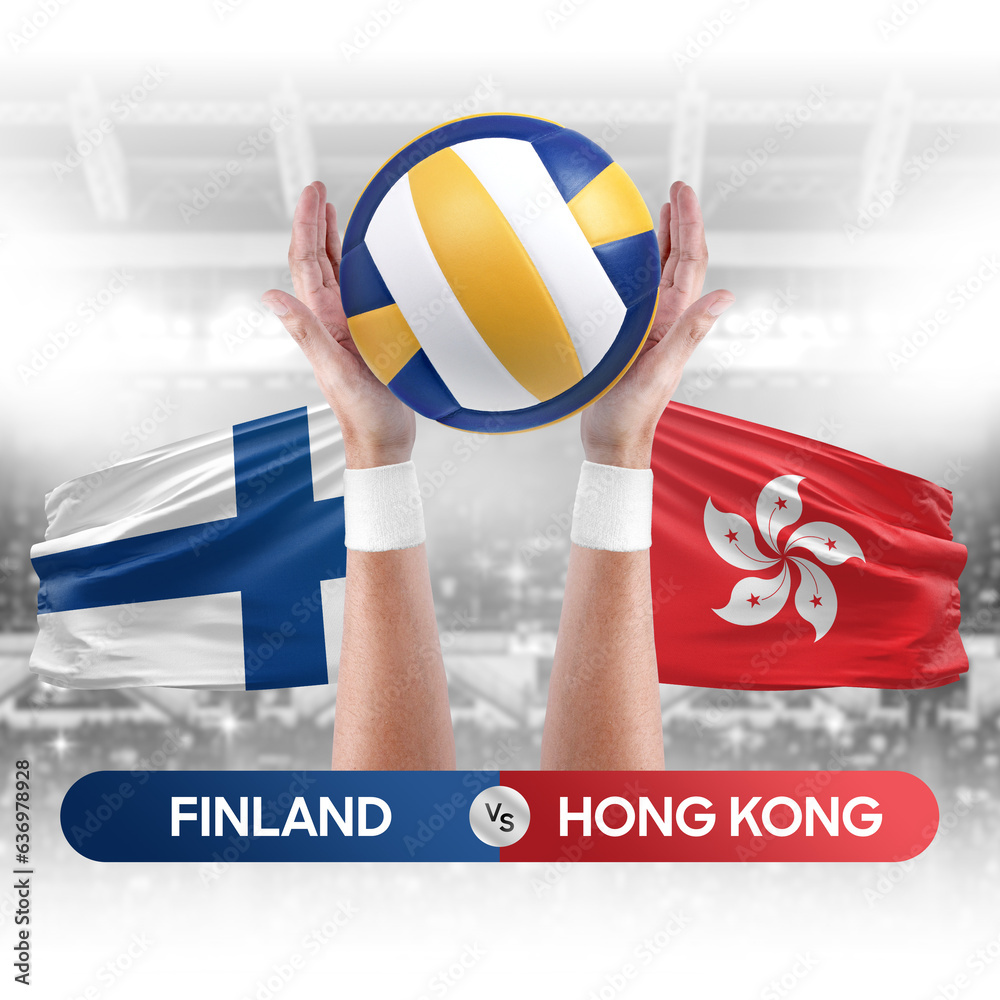 Finland vs Hong Kong national teams volleyball volley ball match competition concept.