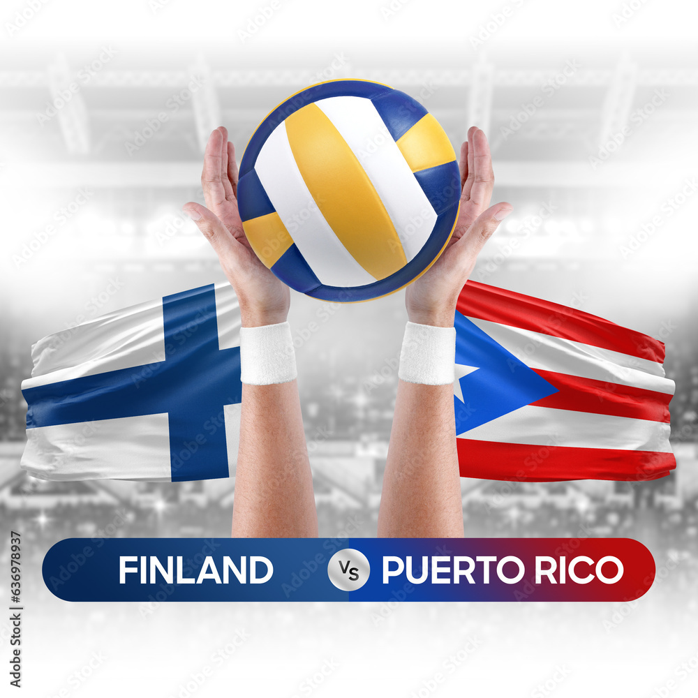 Finland vs Puerto Rico national teams volleyball volley ball match competition concept.