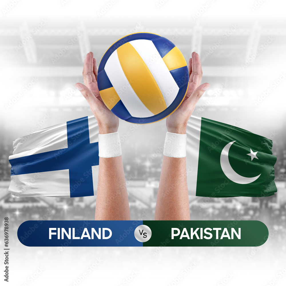 Finland vs Pakistan national teams volleyball volley ball match competition concept.