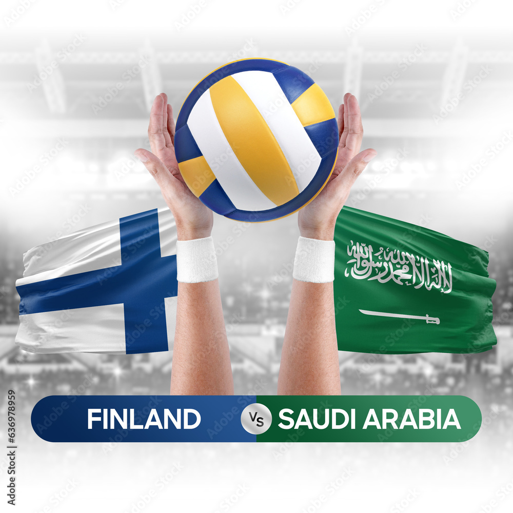 Finland vs Saudi Arabia national teams volleyball volley ball match competition concept.